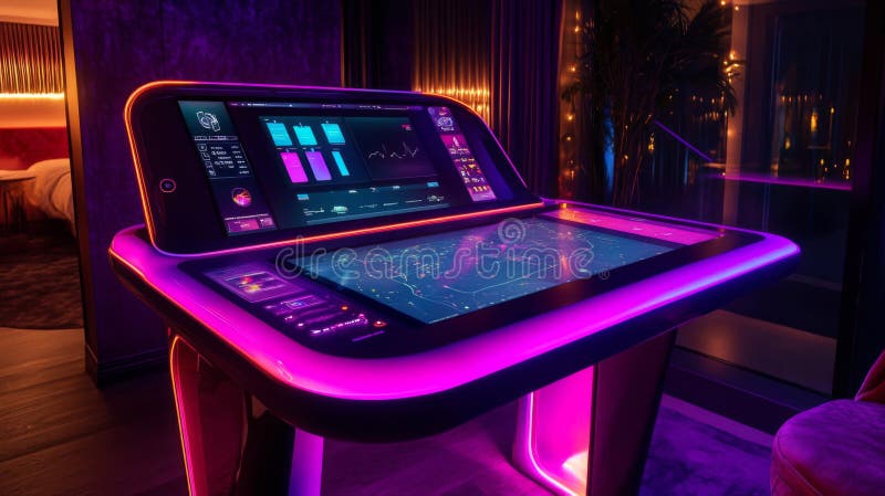 Console di gioco futuristica con display interattivi e illuminazione in neon illustrazione di stock