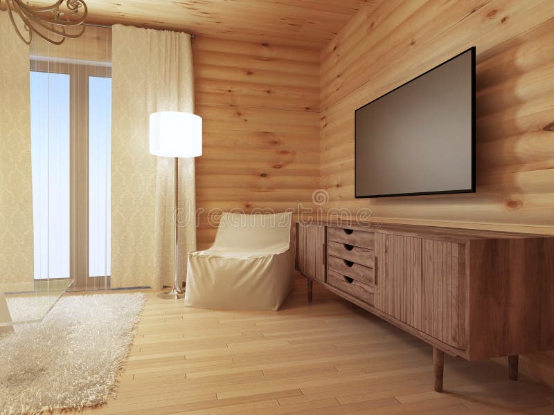 Console di legno TV con una poltrona bianca comoda e una La del pavimento