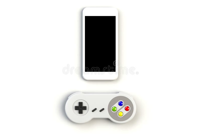 Console GamePad do jogo de v?deo Conceito do jogo Manche retro da vista superior com o smartphone isolado no fundo branco ilustração stock Console GamePad do jogo de v?deo Conceito do jogo Manche retro da vista superior com o smartphone isolado no fundo branco ilustração stock