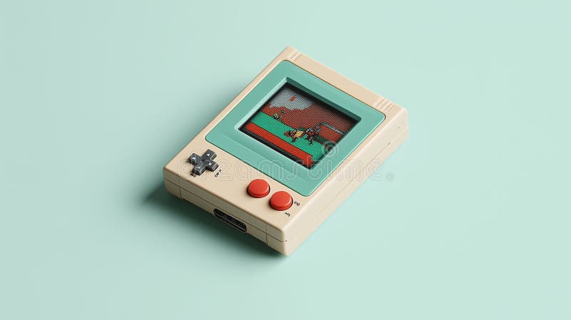 Console palmare vintage con schermo di gioco pixelato illustrazione di stock