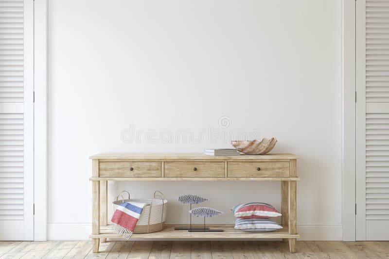 Console table near empty white wall. 3d render royalty free illustration