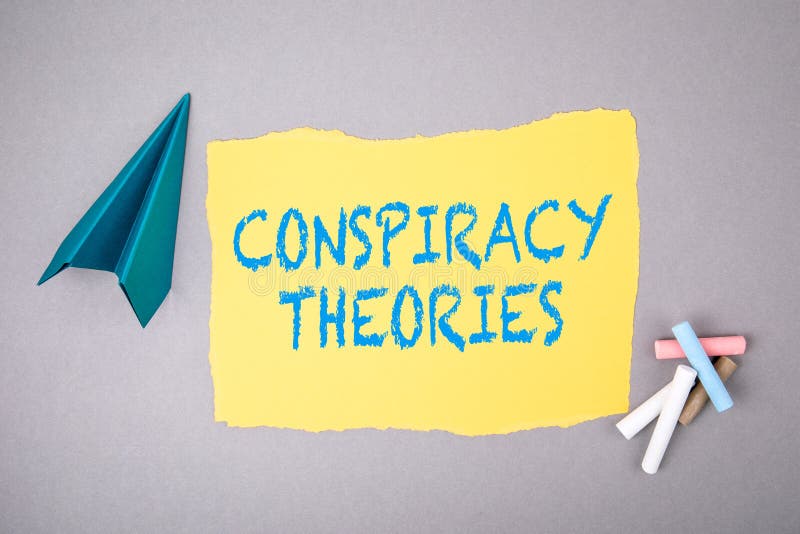 CONSPIRACY THEORIES. Text on note sheet, paper plane, symbol of gaining goals. Striving upwards royalty free stock photography