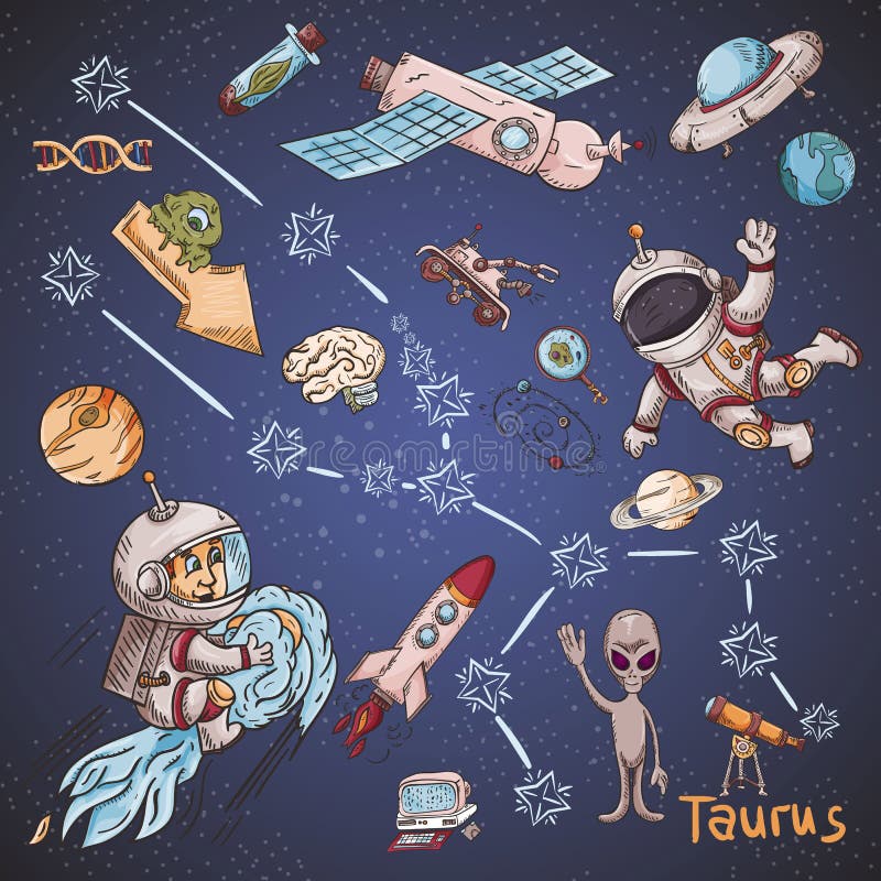 Constelación del espacio con los ejemplos de color de name_24_and en un tema científico y fantástico stock de ilustración Constelación del espacio con los ejemplos de color de name_24_and en un tema científico y fantástico stock de ilustración
