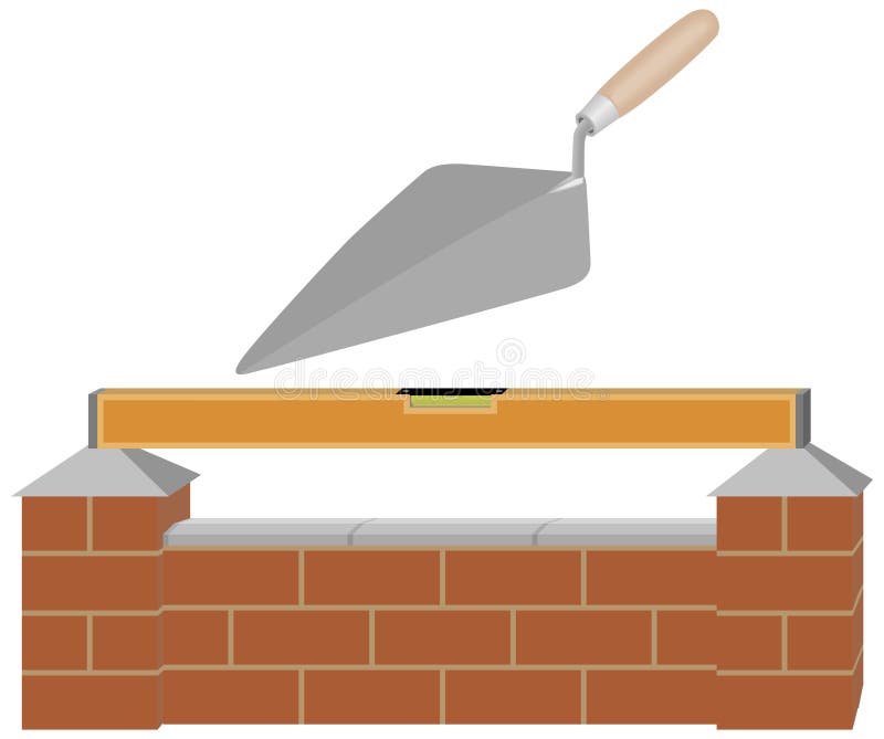 Illustration of a brick wall with spirit level and trowel. Illustration of a brick wall with spirit level and trowel