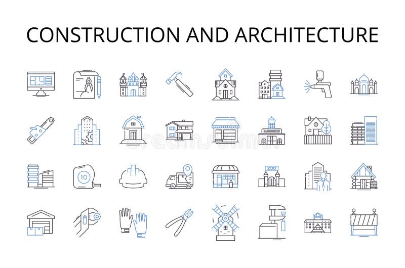 Construction and architecture line icons collection. Building, Design, Engineering, Blueprint, Structure, Drafting royalty free illustration