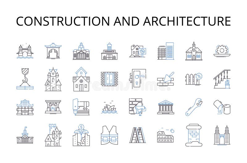 Construction and architecture line icons collection. Building, Design, Engineering, Blueprint, Structure, Drafting royalty free illustration
