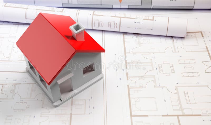 Construction blueprint. Building drawing and house model, Architect engineer office. 3d render stock illustration