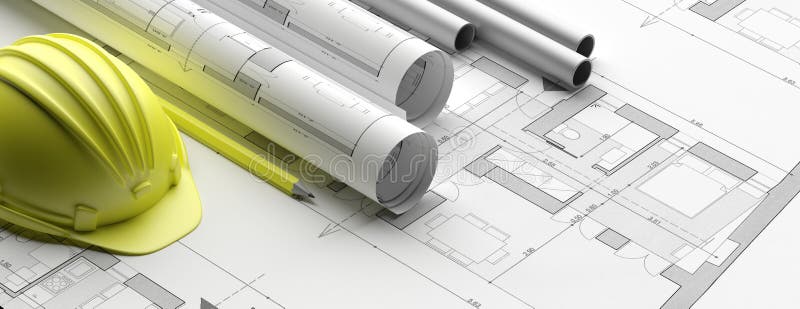Residential building blueprint plans, banner. 3d illustration royalty free illustration