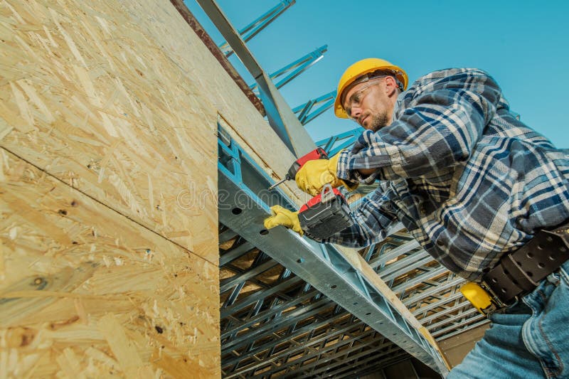 Construction Contractor Building House Metal Framing Stock Image