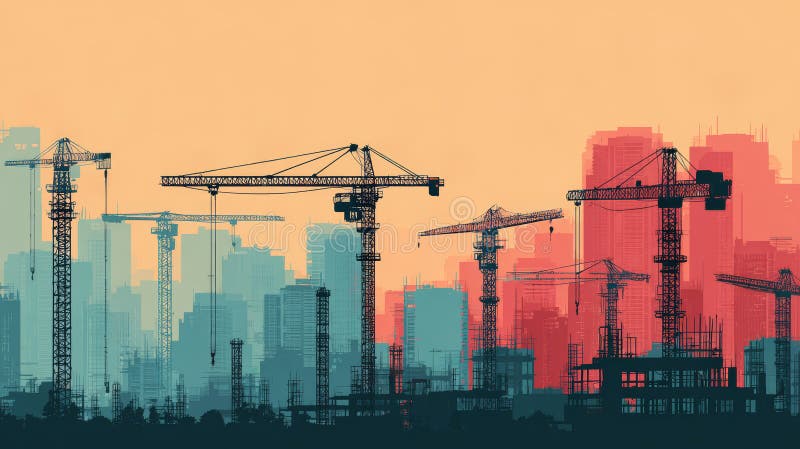 Construction crane cityscape silhouette urban building skyline industrial development architecture progress vibrant vector illustration