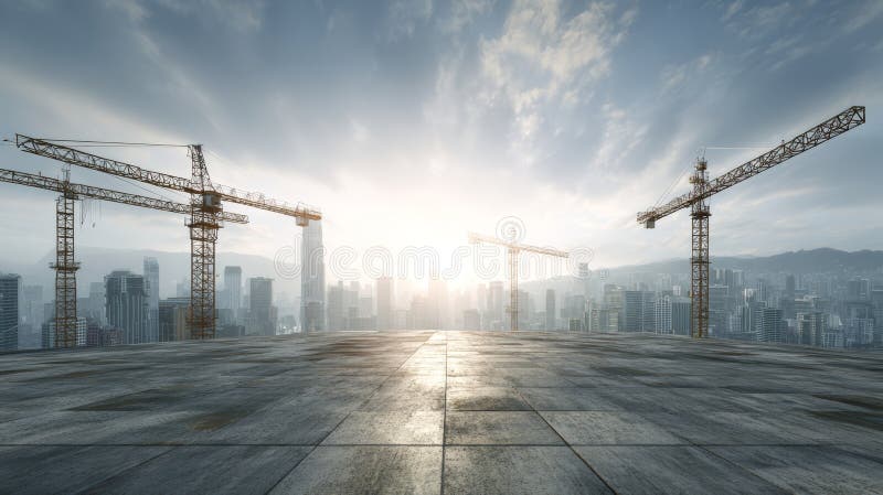 Construction crane cityscape sunrise urban skyline development architecture modern empty platform stock illustration
