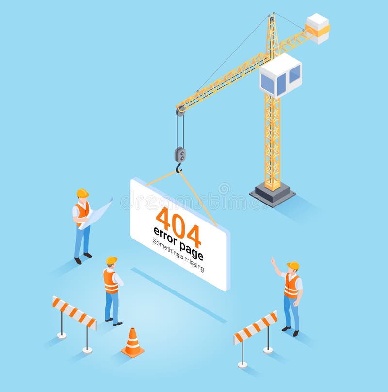 Construction crane hanging 404 error page not found and web site under construction or maintenance concept. Isometric vector stock illustration
