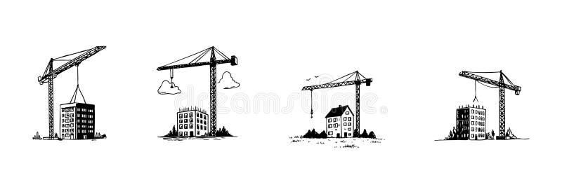 Construction Cranes And Buildings Doodle Sketch Set. Urban Development And Architecture In Hand Drawn Style Collection stock illustration