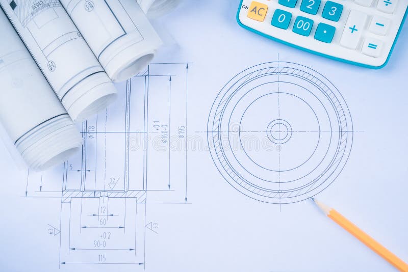 Construction drawings slide caliper roller bearings on blueprint architecture and building concept. stock photography