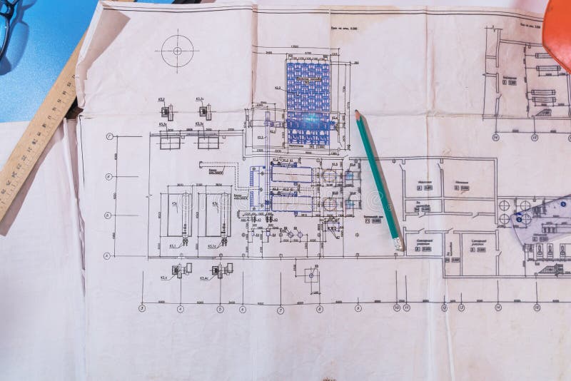 Construction drawings. Workplace of the architect or designer royalty free stock photos