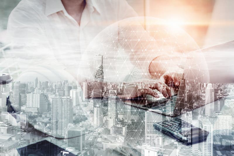 Construction Engineer Using Computer for Project Planning and Management, Double Exposure of Architect Projects is Working Civil royalty free illustration