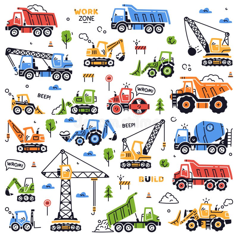 Construction Equipment and Heavy Machines for Industrial Work Vector Set. Engineering Vehicles for Earthwork Operation