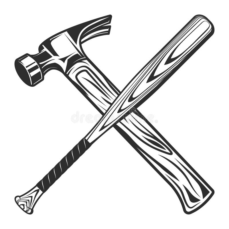 Construction Hammer with Baseball Bat Club Emblem Design Elements