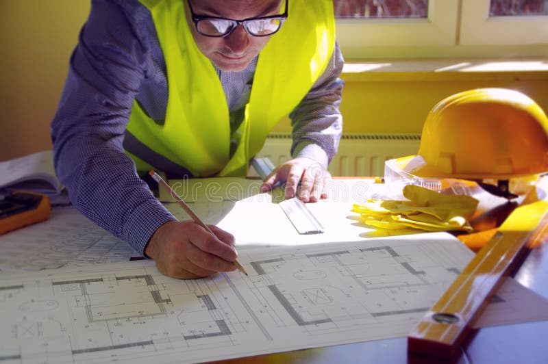 Construction Manager, Builder and Contractor Workplace Concept Stock