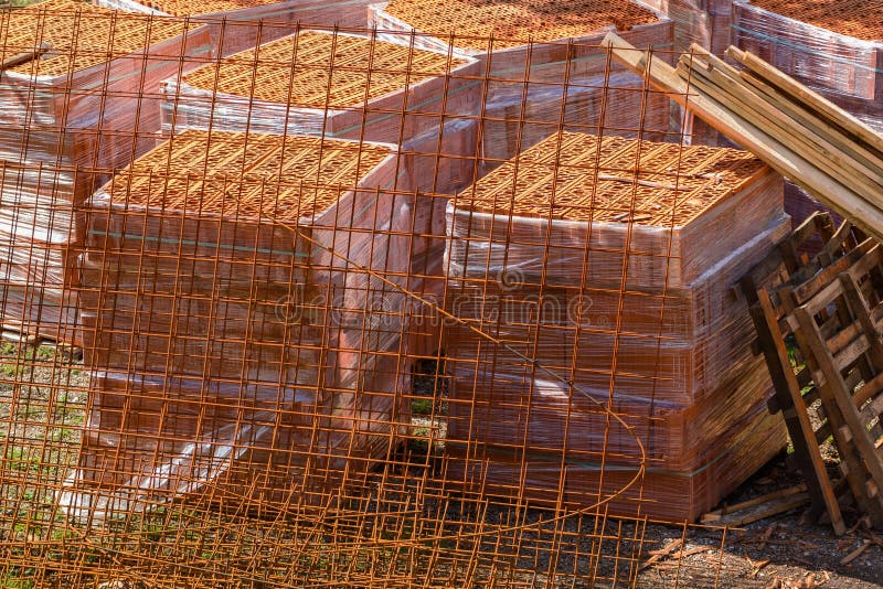 Construction Material on Building Site Planks, Blocks and Roof Tiles Stock Photo Image of