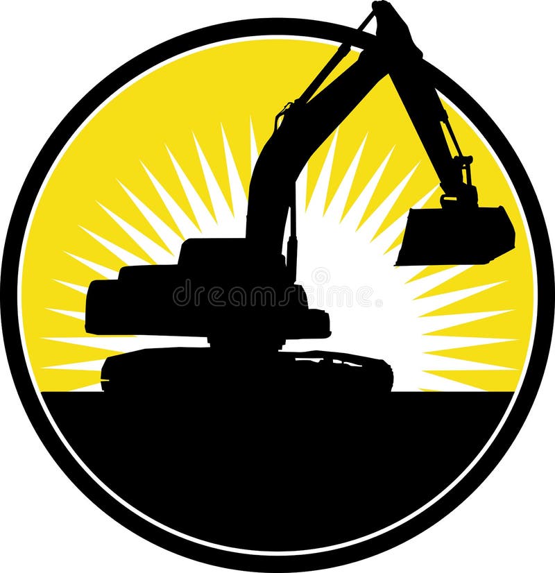 Illustration of a Mechanical Digger with sunburst in background. Illustration of a Mechanical Digger with sunburst in background