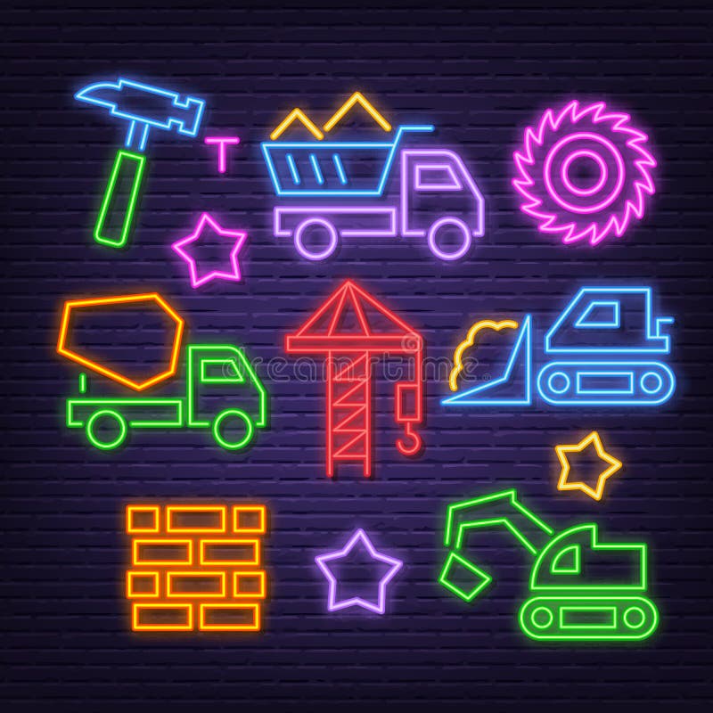 Construction neon icons stock vector. Illustration of cement 157373322