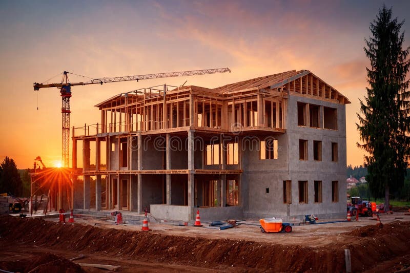 Construction of new residential house, building framework work site vector illustration