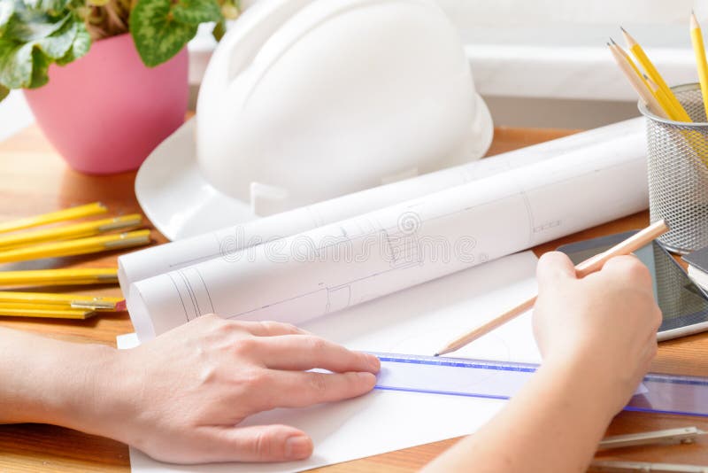 Construction Plans And Tools Stock Image Image of office, document