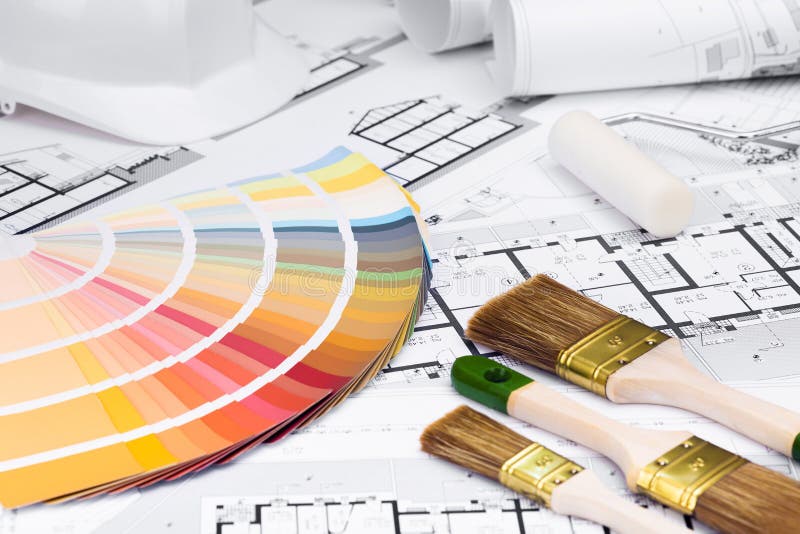 Construction Plans with Whitewashing Tools and Colors Palette Stock