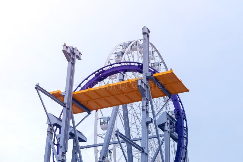 Construction of a Roller Coaster Ride in an Amusement Park. Stock Photo