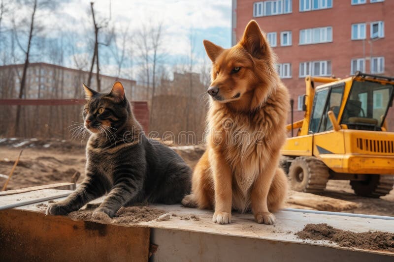 Construction Site with Cat and Dog Working Side by Side, Completing