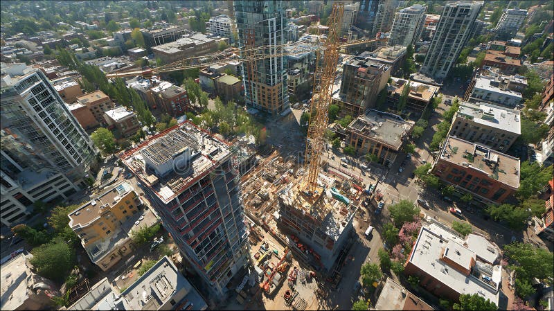 Aerial view construction site crane building cityscape urban development architecture infrastructure project royalty free illustration