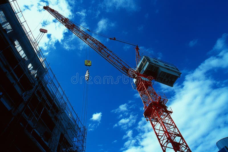 Construction site featuring crane and building under clear blue sky a captivating view royalty free illustration