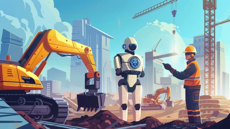 Construction site with a robot and engineer discussing project plans. Futuristic robotics in civil engineering and royalty free stock photos