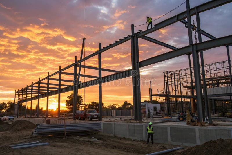 Construction site with steel beams and sunset stock illustration