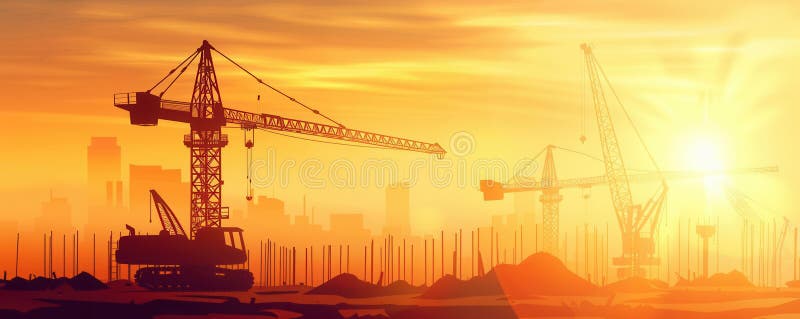 Construction site at sunset with cranes and city skyline, showcasing urban development and architecture vector illustration