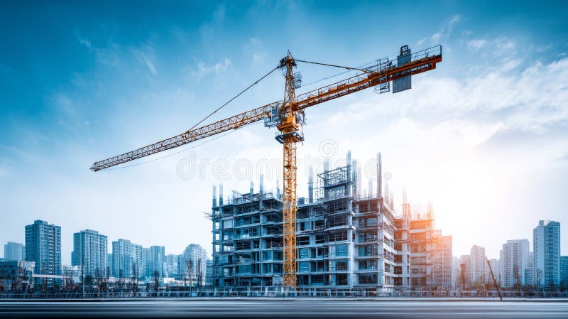 Construction site tower crane building city urban development architecture progress sunrise modern vector illustration