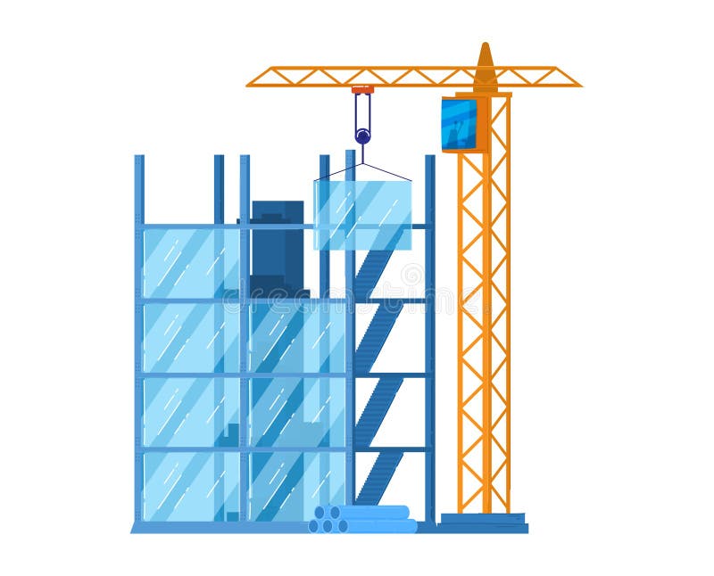 Construction site with tower crane and glass building under construction. Urban development and architecture vector illustration