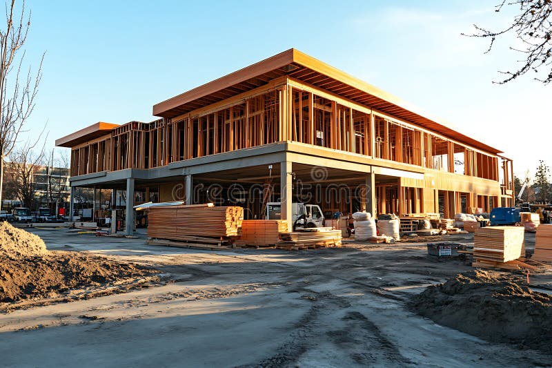 Construction Site of a Wooden Framed Building stock illustration