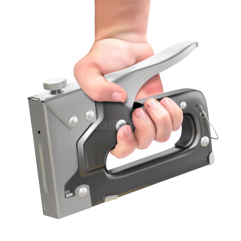 Construction Stapler in the Hand of a Master Stock Vector