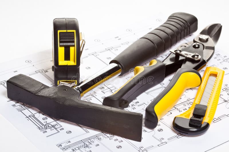 Construction tools and blueprint