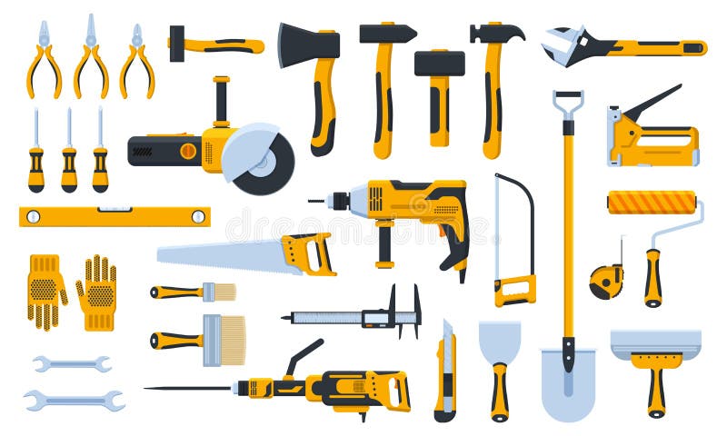 Construction tools. Building repair hand tools, renovation kit, hammer, saw, drill and shovel. Home repair tool vector