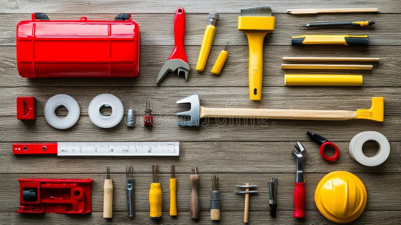 Construction Tools Flatlay Red and Yellow Theme, Wood Background, DIY Project, Tools, Equipment DIY, Construction stock illustration