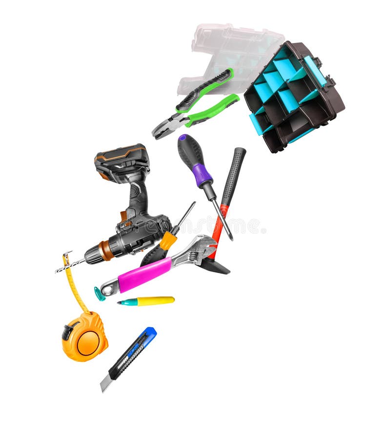 Construction Tools Fly Out from the Plastic Organizer Isolated on a
