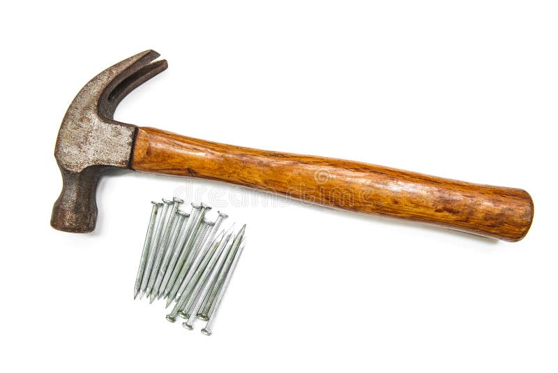 Construction Tools, Hammer Head and Concrete Nails Stock Photo Image