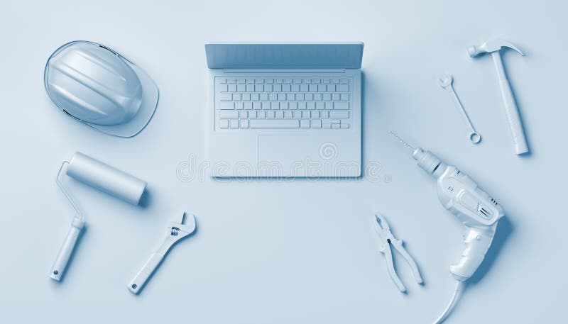 Construction tools, helmet and laptop, white