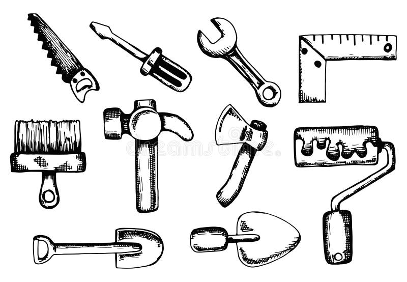 Construction Tools Set Vector Sketch Isolated Drawing