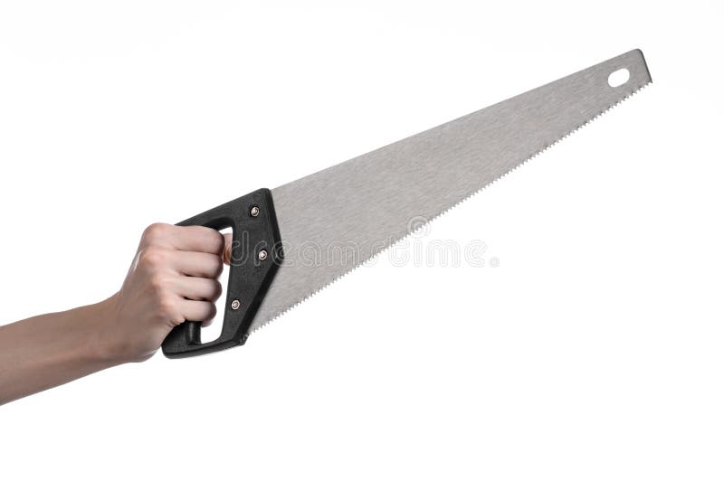 Construction Topic Hand Holding A Saw With A Black Pen On A White
