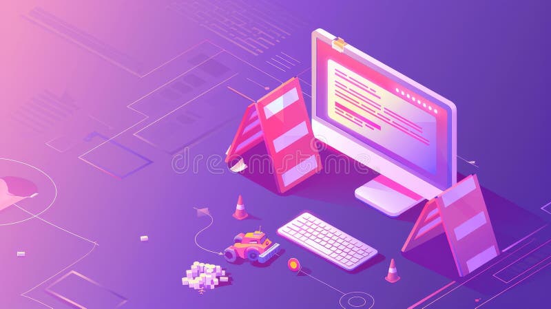 Construction of a website, maintenance work or error page isometric modern illustration. Warning road sign and computer royalty free stock images