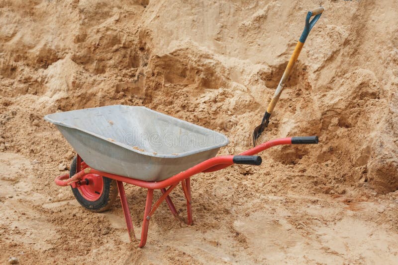 Construction Wheelbarrow Filled with Sand a Shovel Stock Image Image